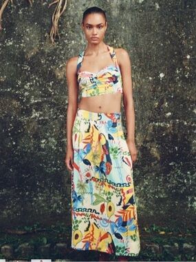 New Zara Tropical Print Midi Skirt in Yellow, Blue, Red & Green